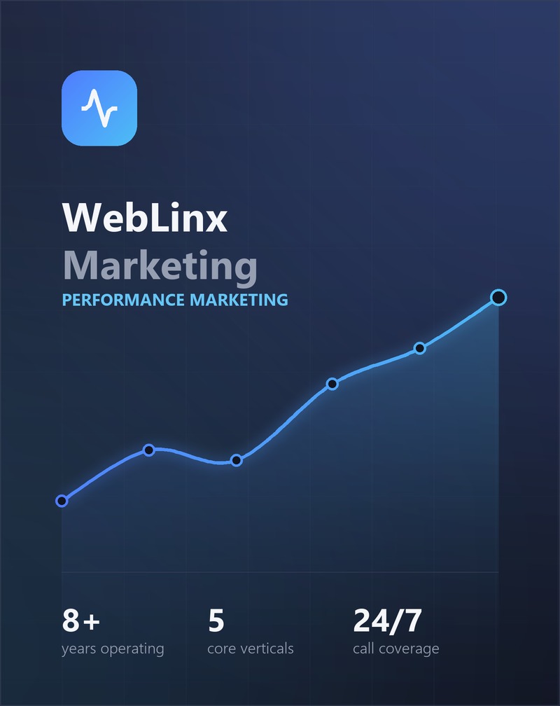 WebLinx Marketing brand panel with an upward performance trend line