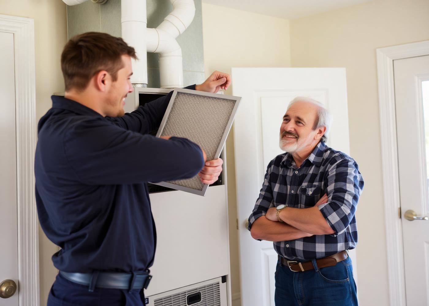 HVAC technician showing a homeowner the new filter on an indoor air handler
