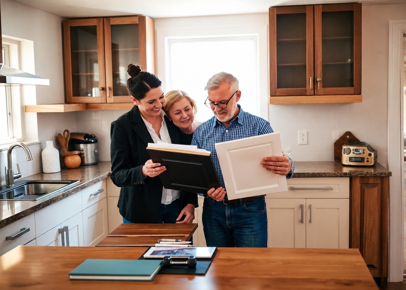 Kitchen designer reviewing a cabinet door sample with a couple in their kitchen