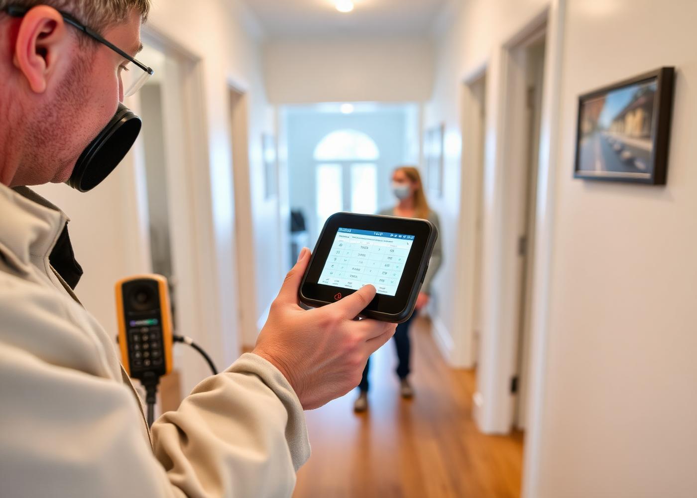 Remediation specialist logging a moisture-meter reading inside a home