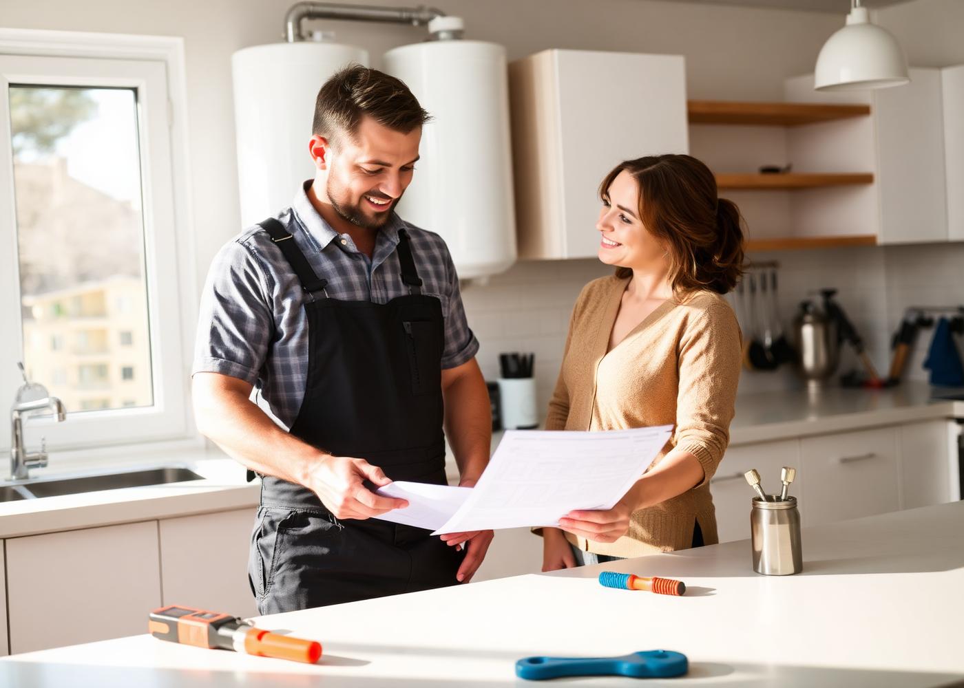 Plumber going over a flat-rate quote with a homeowner in her kitchen