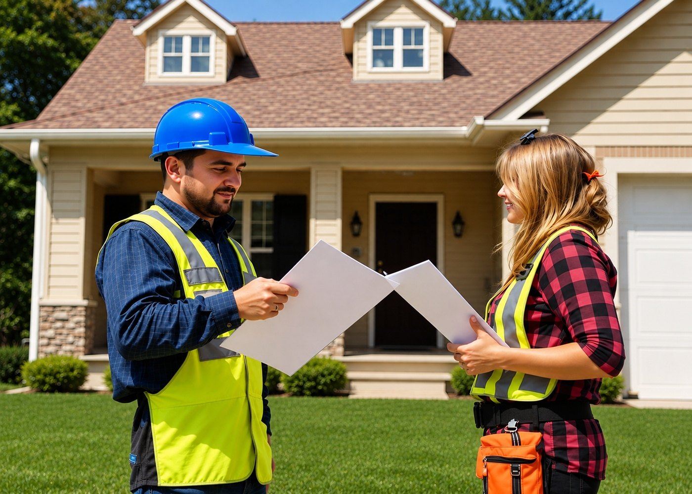 Roofing crew reviewing a photo-documented inspection report outside a home