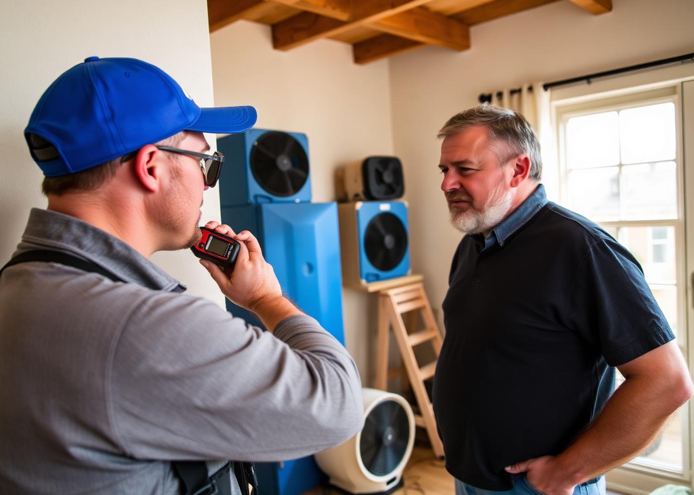 Restoration technician taking a moisture reading while a homeowner looks on